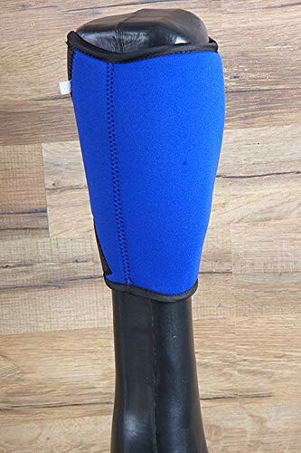 Blue neoprene leg wrap on a black boot