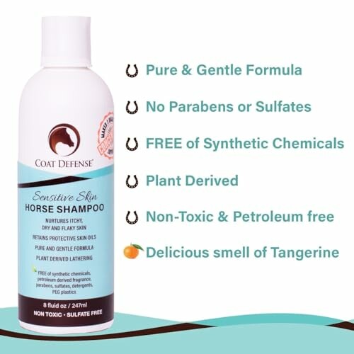 Coat Defense horse shampoo bottle with benefits listed.