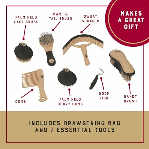 Set of 7 essential horse grooming tools with drawstring bag.