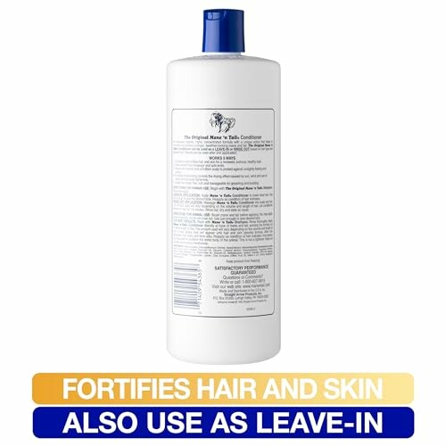 Mane 'n Tail conditioner bottle with text 'Fortifies Hair and Skin, Also Use as Leave-In'.