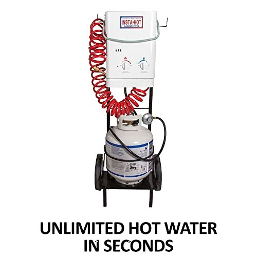 Portable water heater with propane tank and red coil hose.