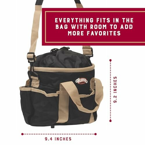 Black and beige storage bag with multiple pockets and adjustable straps, dimensions labeled.